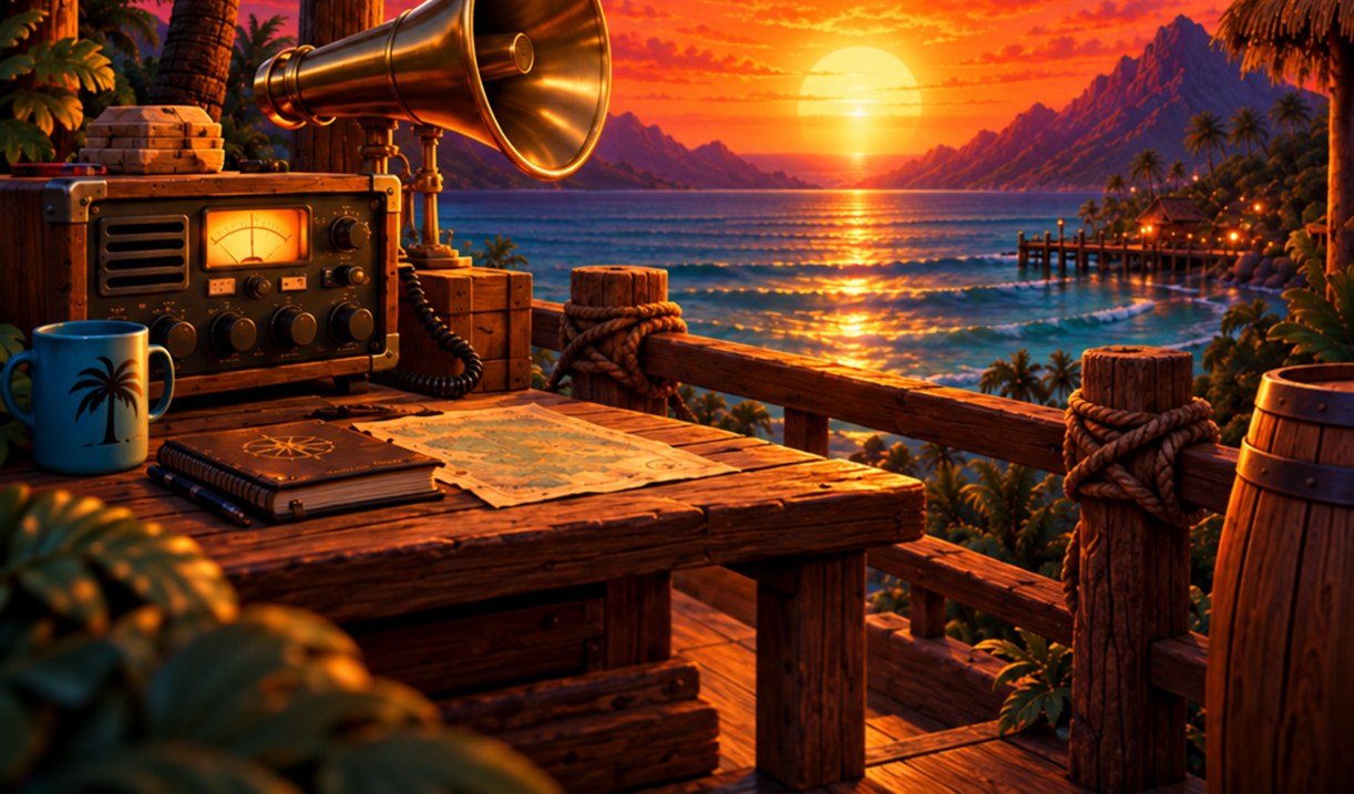 A radio and field notes on a sunset-lit island desk.