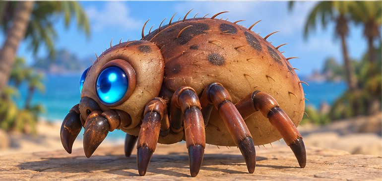 Doof Tick creature concept artwork on a tropical beach.