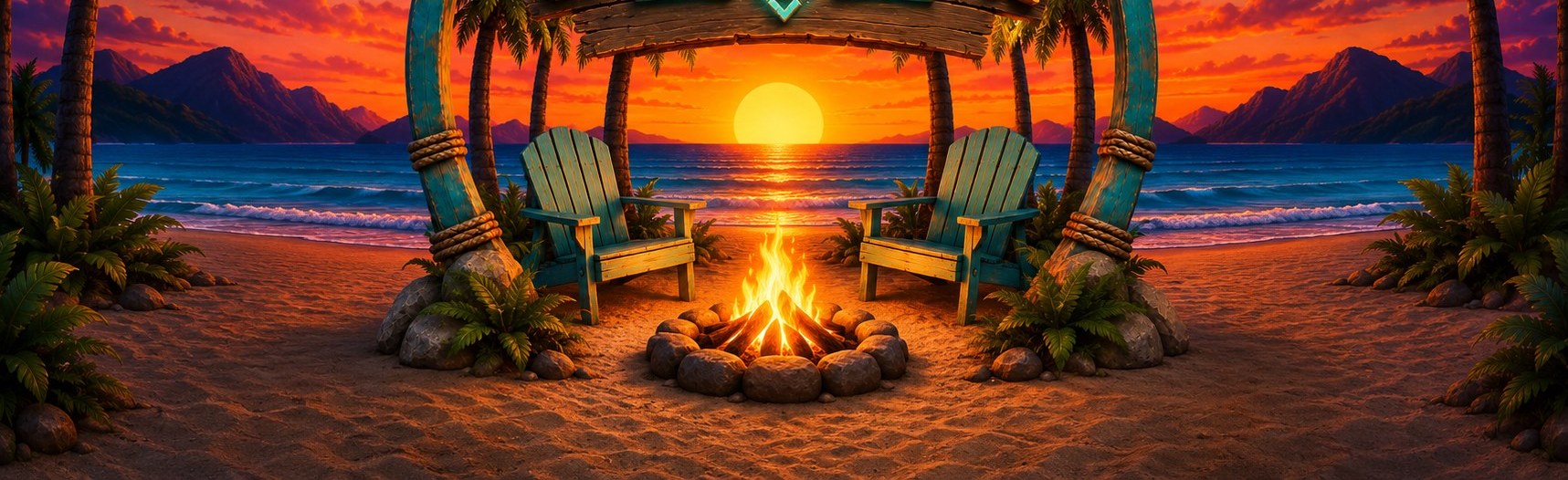 Teal Cabana chairs and a campfire overlooking the sea.